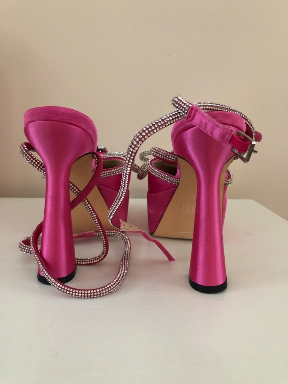 NEW Juliet Holy Pink Satin Crystal Double Bow Chunky Platform Pump Heels - Picture 12 of 14